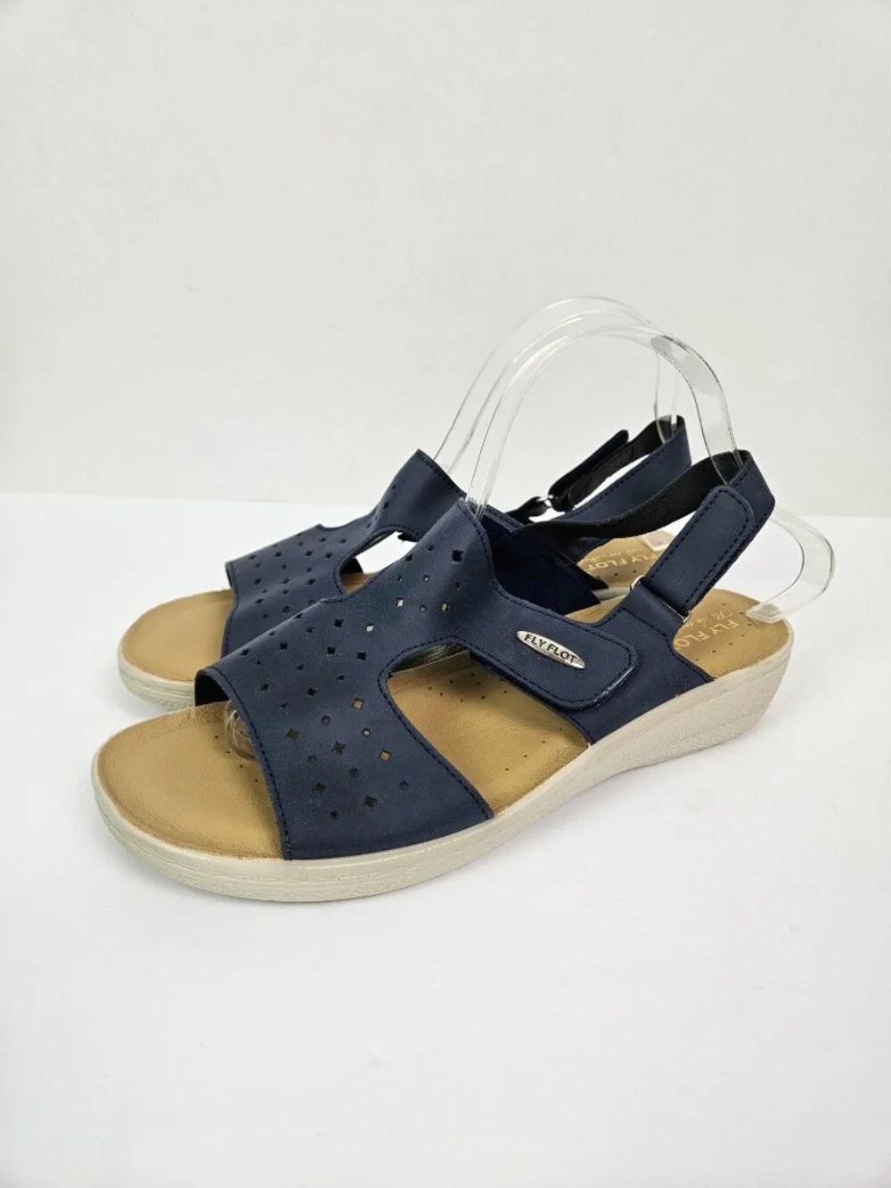 Fly Flot Piumatech Perforated Navy Blue Faux Leather Strappy Wedge Sandal 41/9.5
